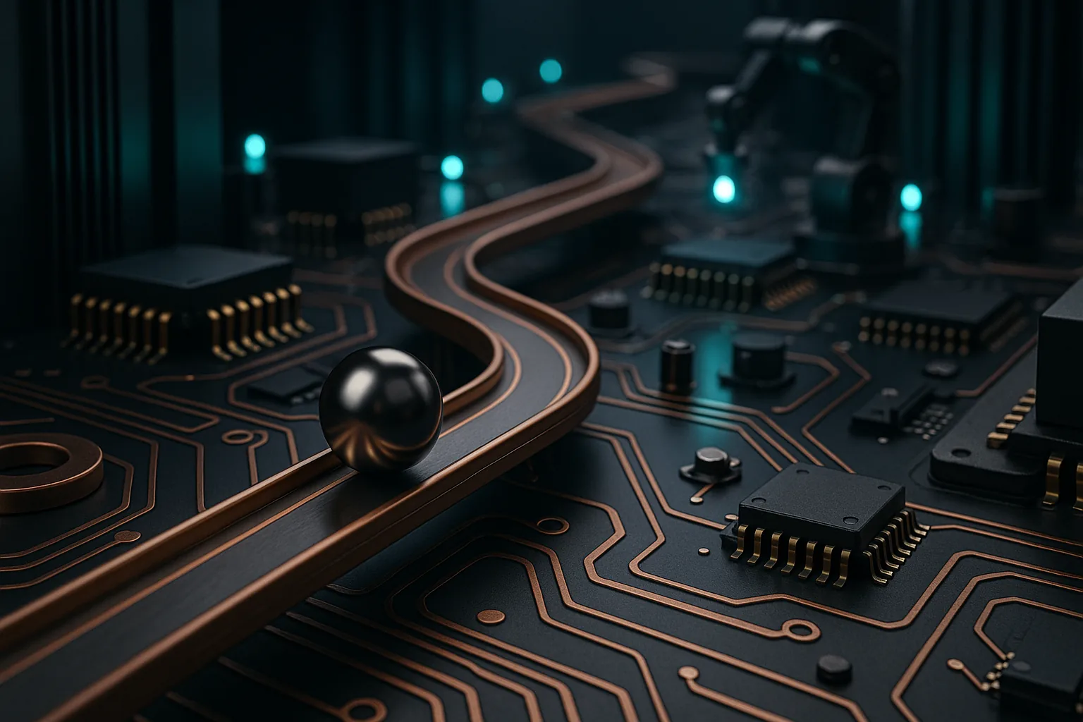 Chrome marble on a copper track across a circuit board