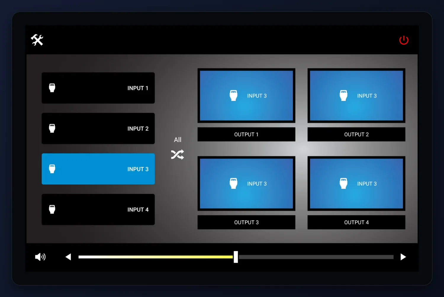 Tablet End User Interface routing one input to all four matrix outputs