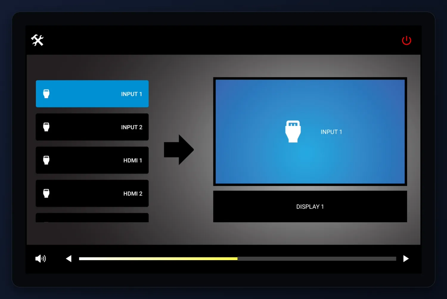 Tablet End User Interface with Input 1 routed to Display 1