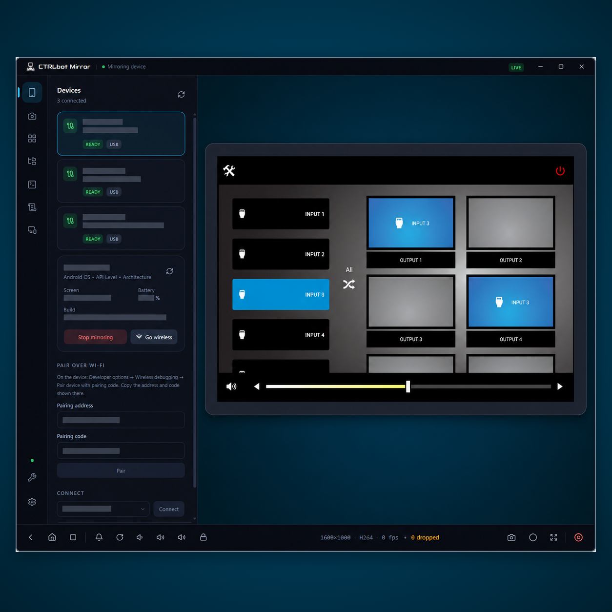 The complete CTRLbot Mirror app window showing an Android device on a Windows PC
