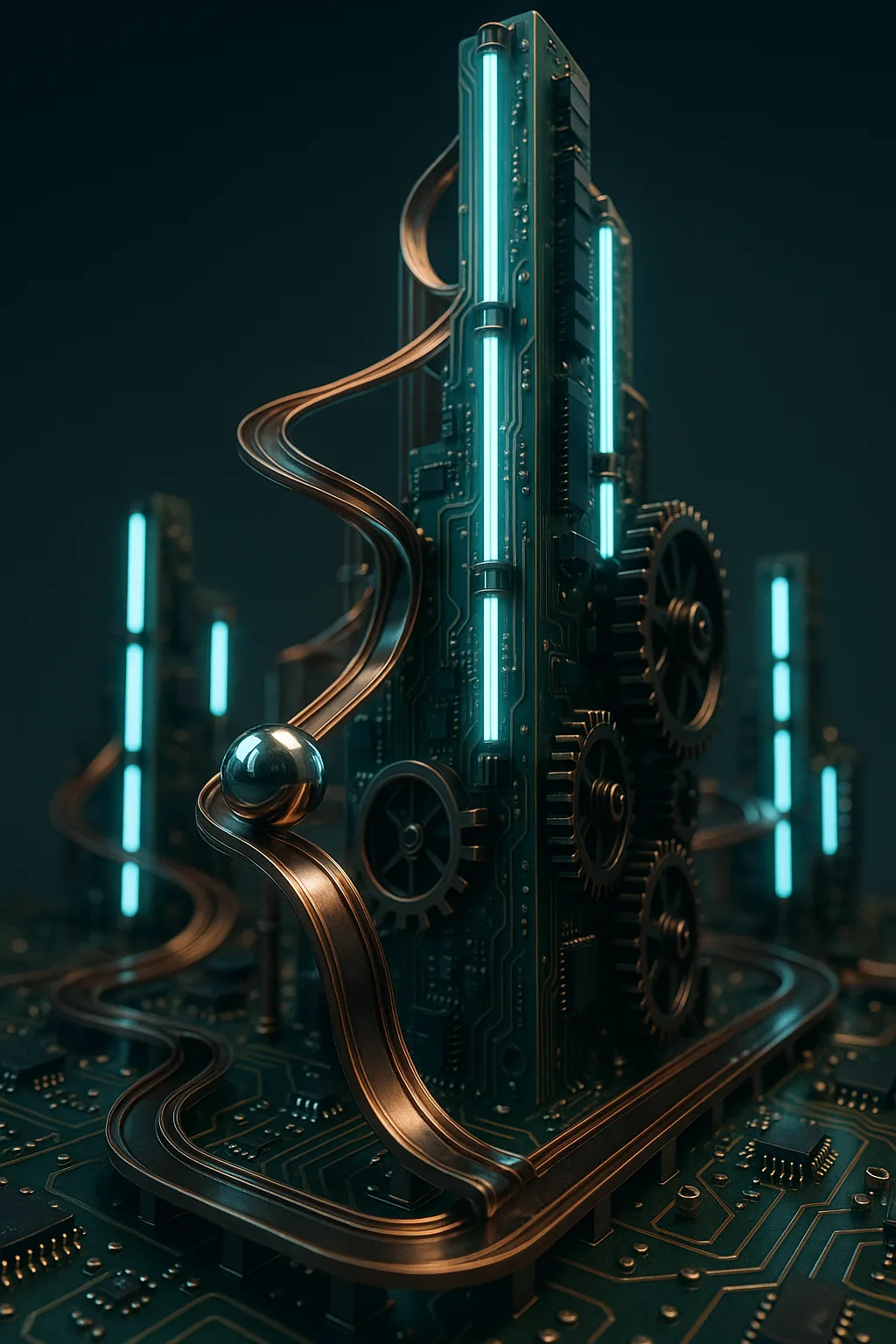 Marble run winding through a circuit-board city