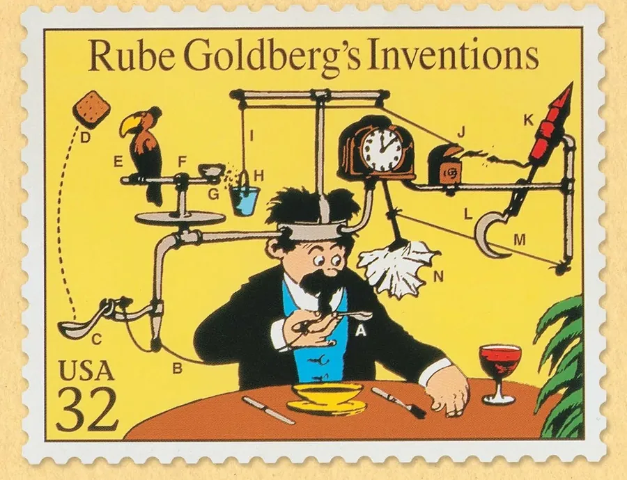 Rube Goldberg invention postage stamp